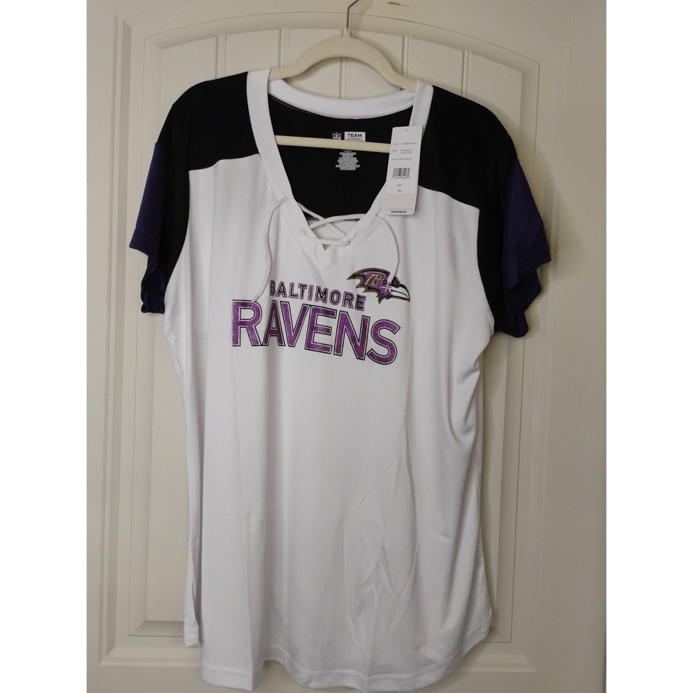 NFL Team Apparel Baltimore Ravens NFL Shirt 1X White Purple Women Sparkle V Neck